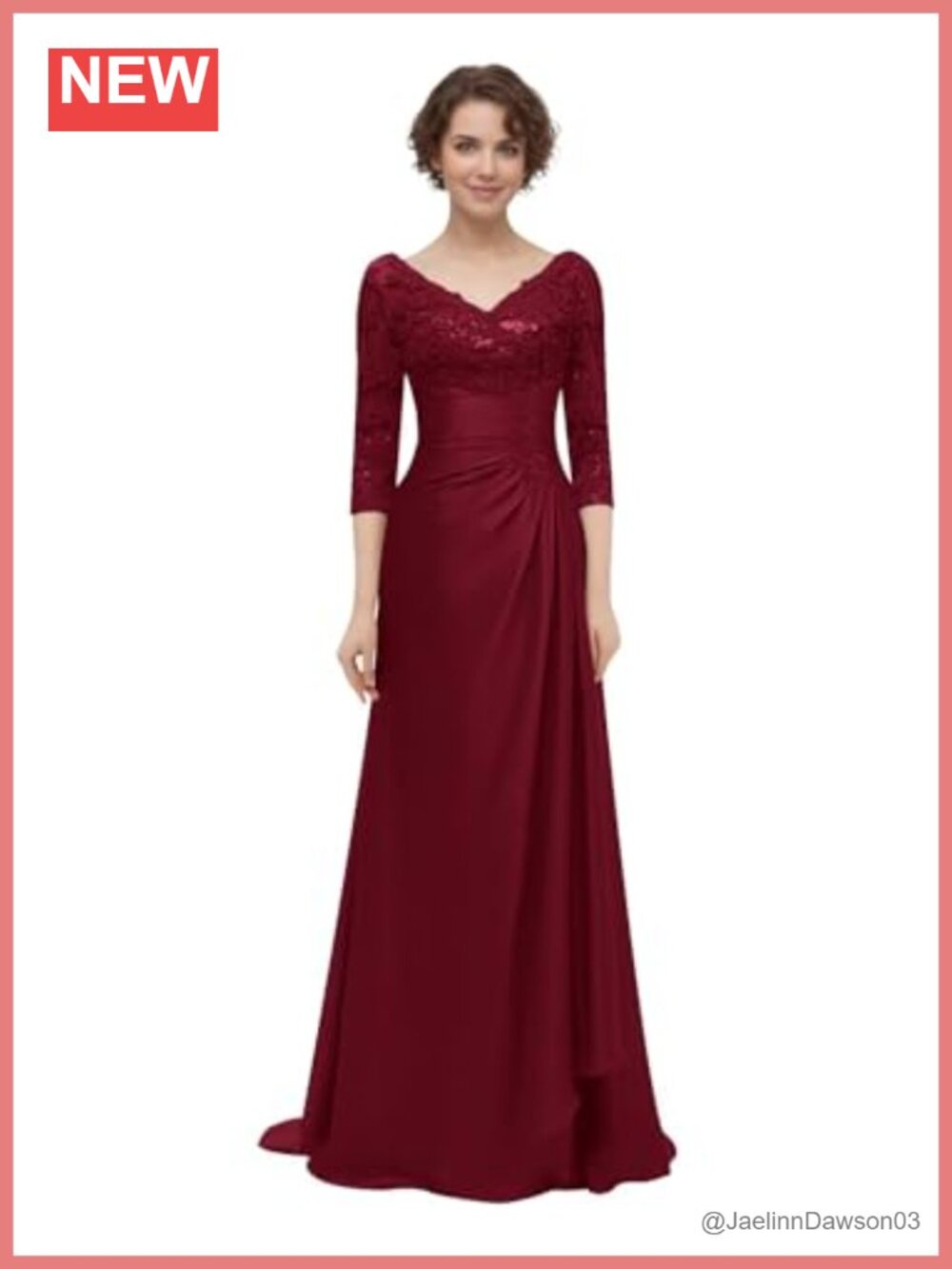 V-Neck Lace Applique Satin Formal Gown 3/4 Sleeve A-Line Mother of Bride